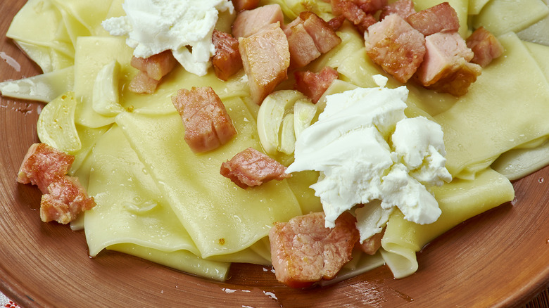 Lazanki, sour cream, and bacon