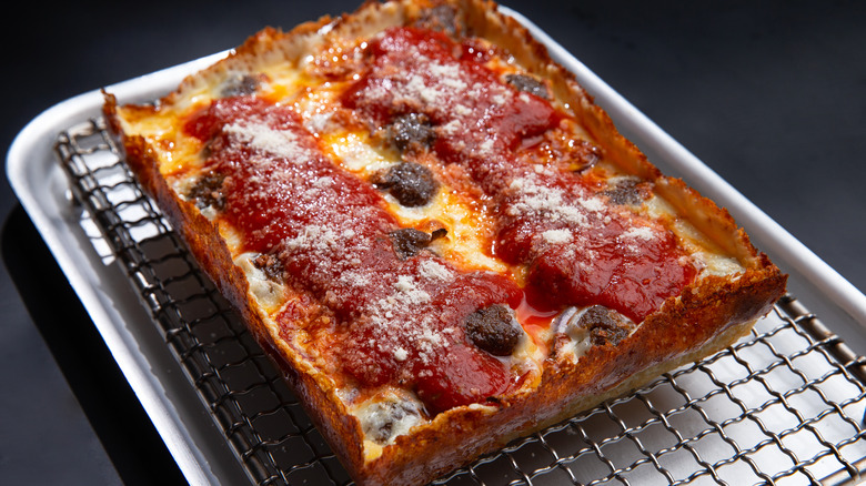 Detroit pizza on metal tray