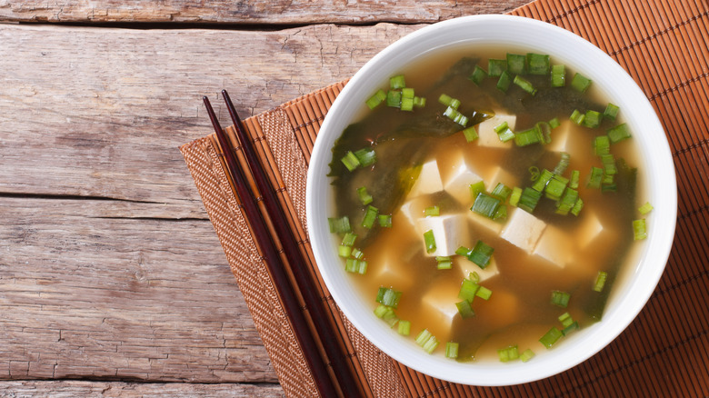 Aerial shot of miso soup in bowl