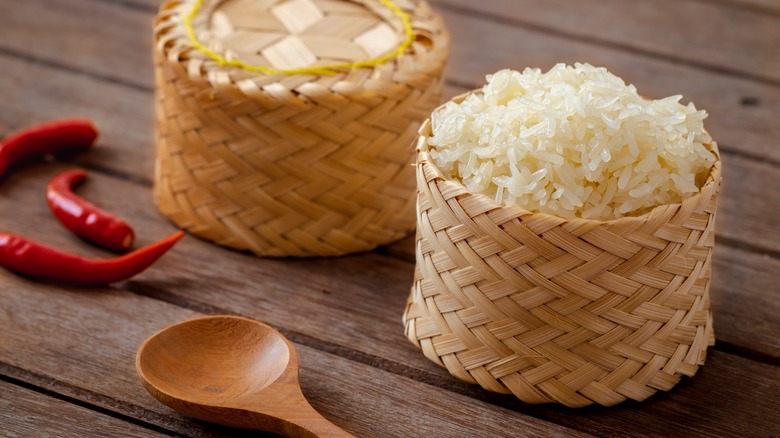 Sticky rice in woven bamboo cup