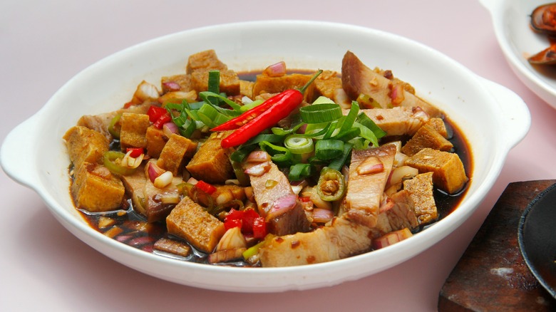 Dish of tofu, pork, chillies