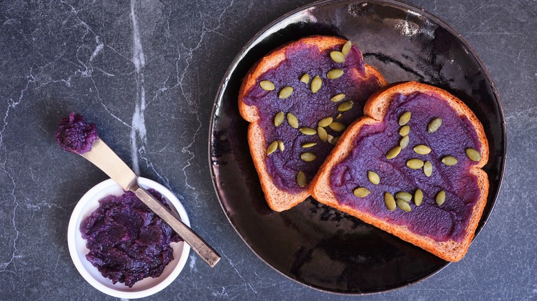 Toast and bowl with ube halaya