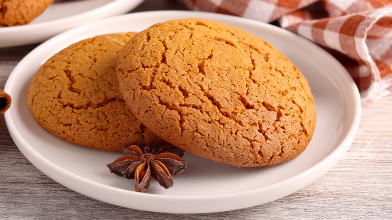 Two ginger cookies on plate with star anise