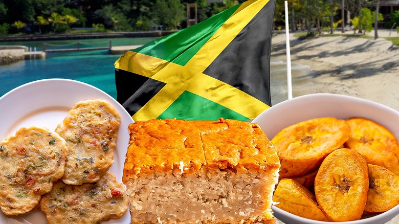 Jamaican flag, plantains, fritters with beach backdrop