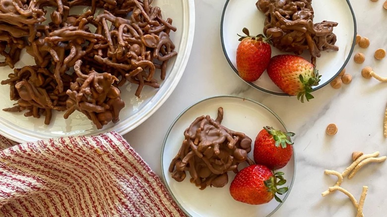 Chocolate peanut butter haystacks with strawberries