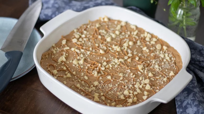 A baking dish with peanut butter fudge