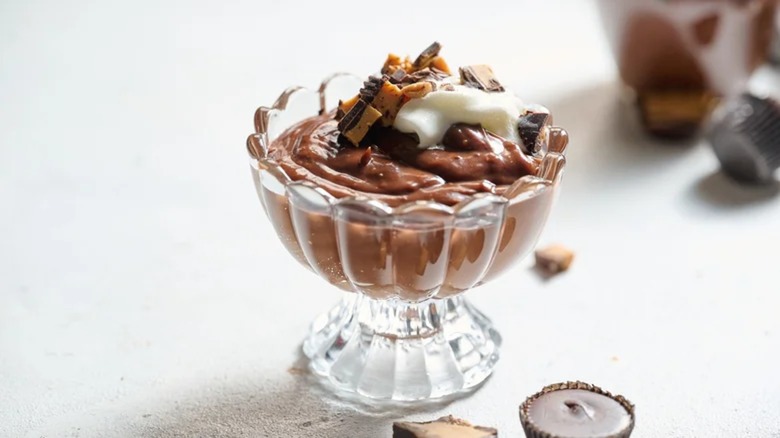 A dish of peanut butter cup protein pudding