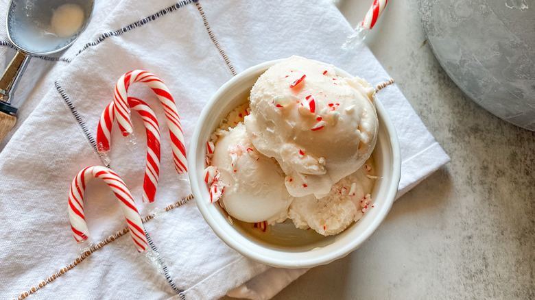 Peppermint ice cream with candy canes