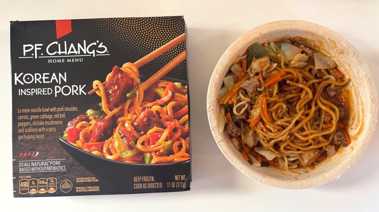 P.F. Chang's frozen Korean inspired pork bowl next to box on white table