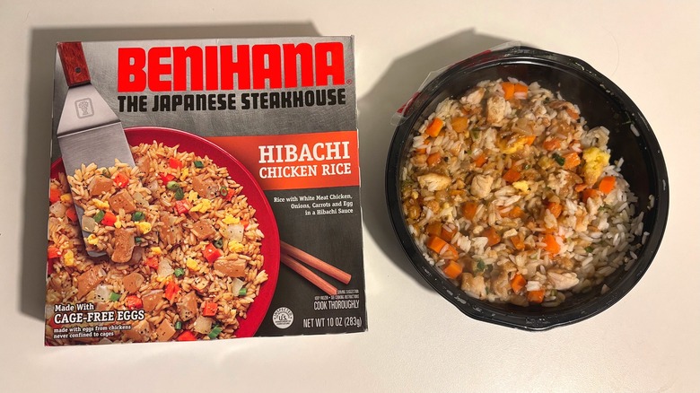 Benihana frozen hibachi chicken rice next to box on white table