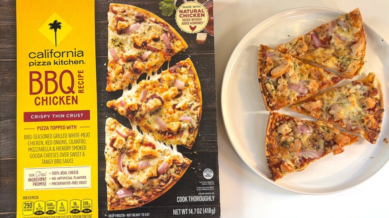 California Pizza Kitchen frozen BBQ chicken pizza on plate next to box on white table