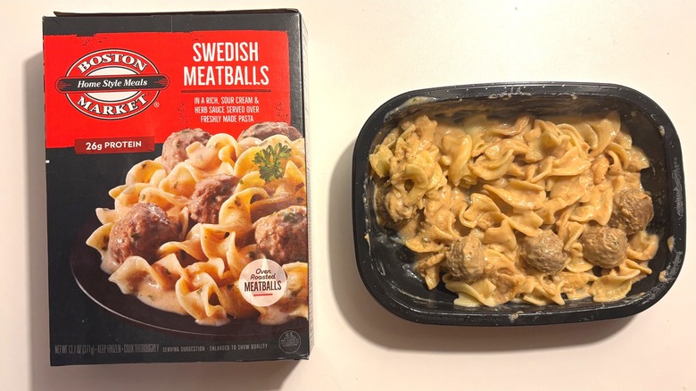 Boston Market frozen Swedish meatballs next to box on white table