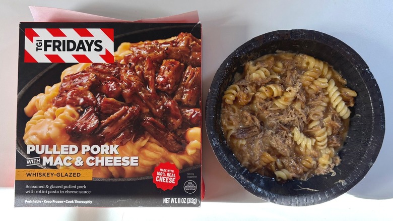 TGI Fridays frozen pulled pork mac and cheese bowl next to box on white table