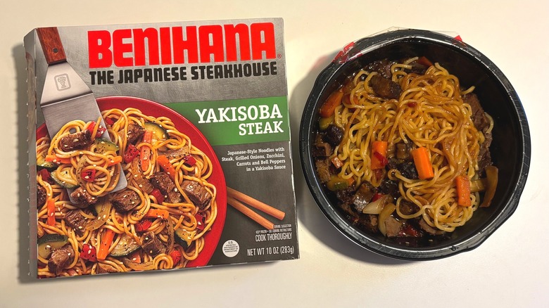 Benihana frozen yakisoba steak bowl next to box on white table