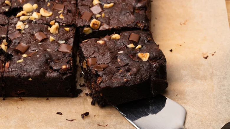 Dark chocolate rhubarb brownies cut