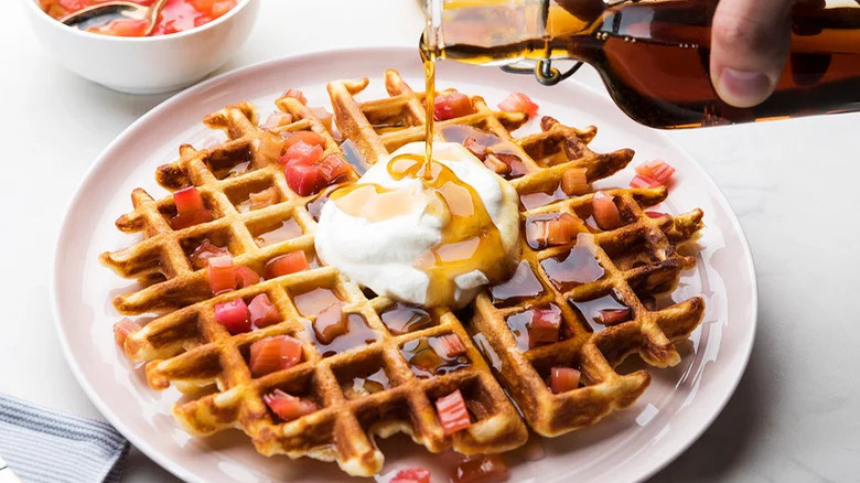 Waffles with charred rhubarb and syrup