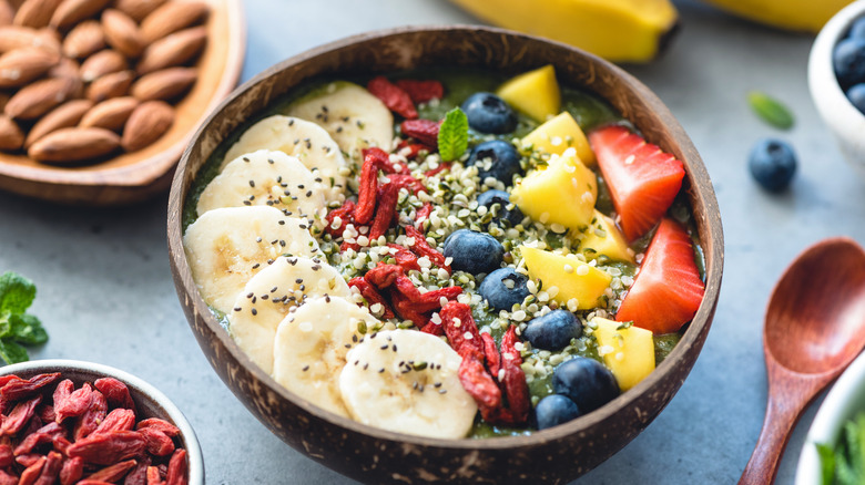 Hemps seeds over fruit bowl