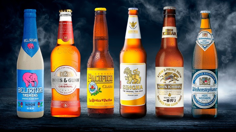 Six international beer bottles