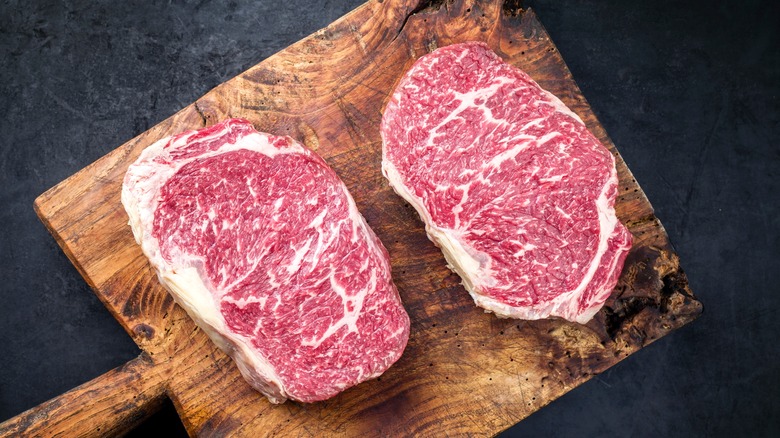 Wagyu steak with a strip of fat down the side