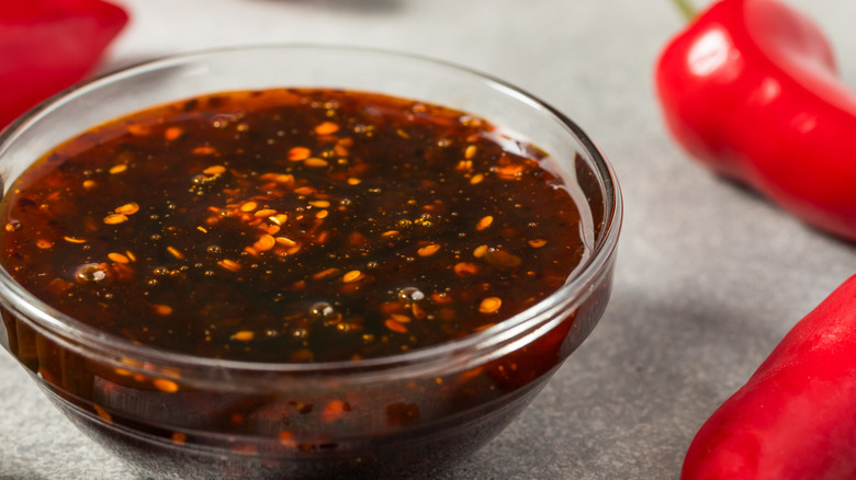 Bowl filled with chili crunch oil