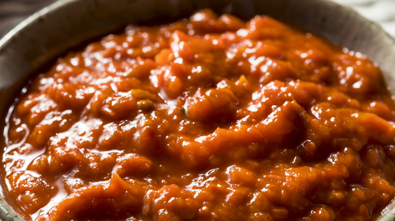 Bowl of chunky harissa sauce