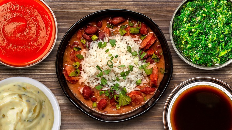 Sauces in bowls to top rice and beans