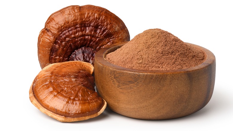 Mushroom powder in wooden bowl