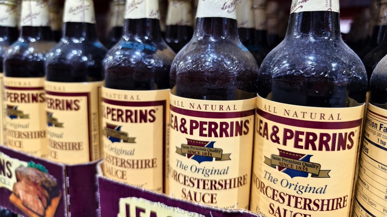 Bottles of Worcestershire sauce on shelf