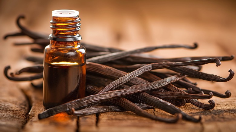 Vanilla extract in a brown glass vial surrounded by vanilla pods