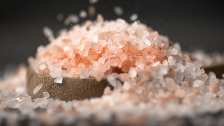 Pink salt crystals resting on a wooden spoon