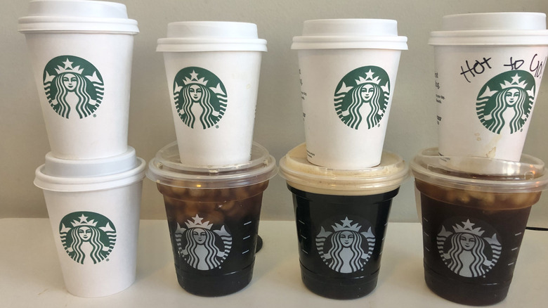 Stacked up Starbucks cups