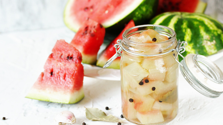 Pickled watermelon rinds in jar