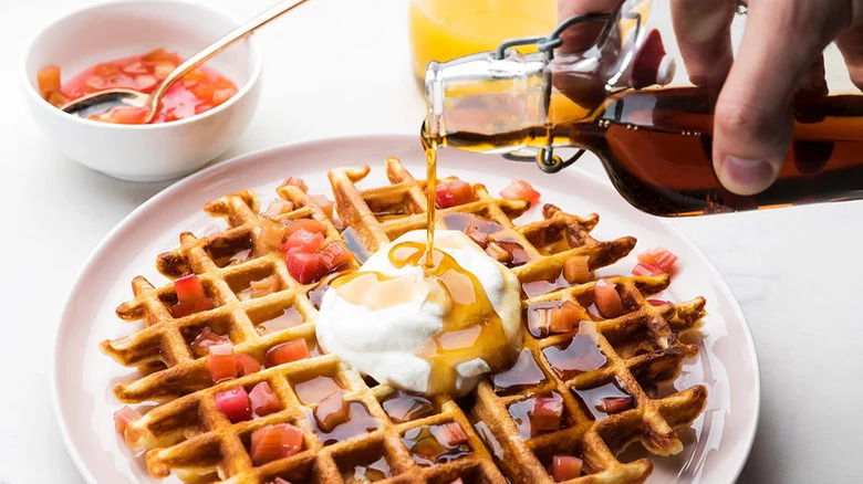 waffles with charred rhubarb