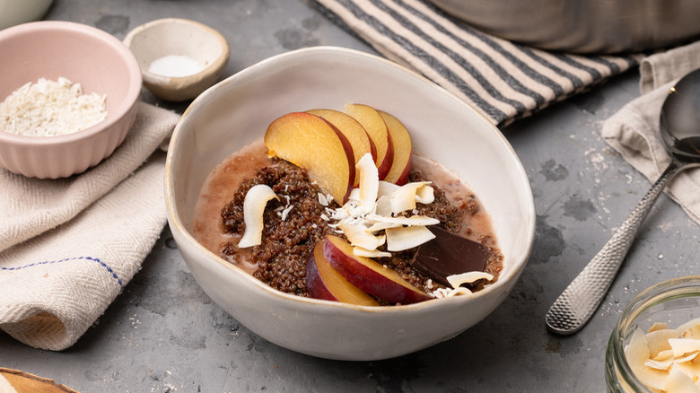 Breakfast Quinoa Bowl with Plums and Dark Chocolate