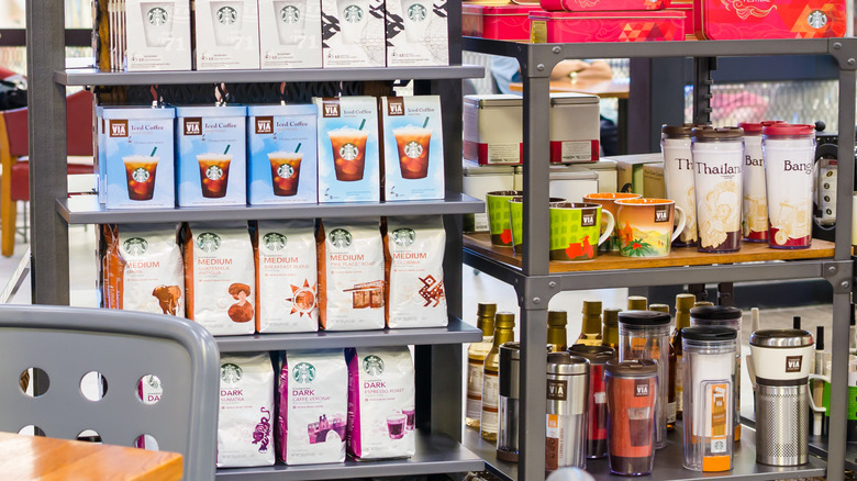 Starbucks display featuring varieties of Via instant coffees