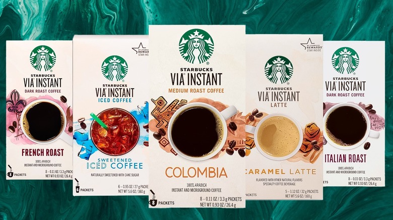 Starbucks Via instant coffee flavors French Roast, Sweetened Iced Coffee, Colombia, Caramel Latte, and Italian Roast displayed against blue background