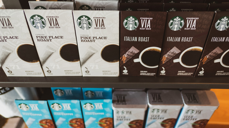 Shelf of Starbucks Via instant coffee flavors in-store