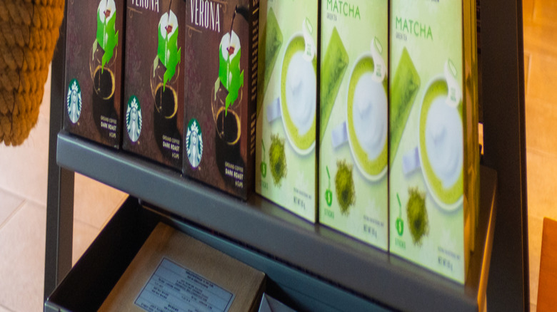 Via Iced Coffee boxes on Starbucks shelf with other Via flavors in store