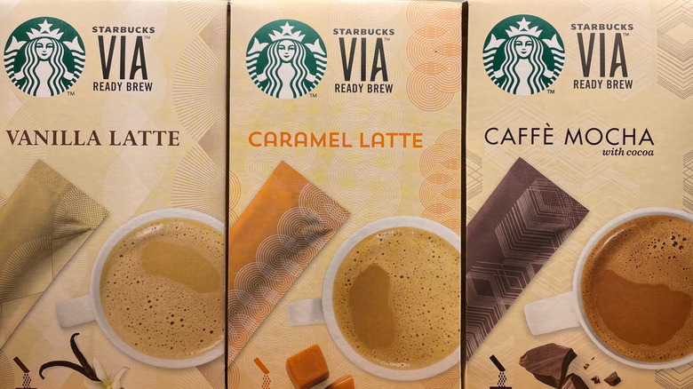 Lineup of Starbucks Via Vanilla, Caramel, and Mocha flavors