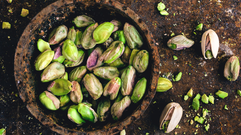 Colorful pistachios in bowl