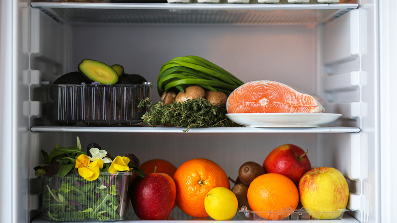 interior of fridge with produce on shelves