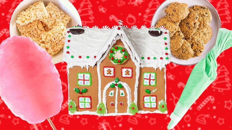 Gingerbread house with decorations, Rice Krispies treats, oatmeal cookies, and a red festive background