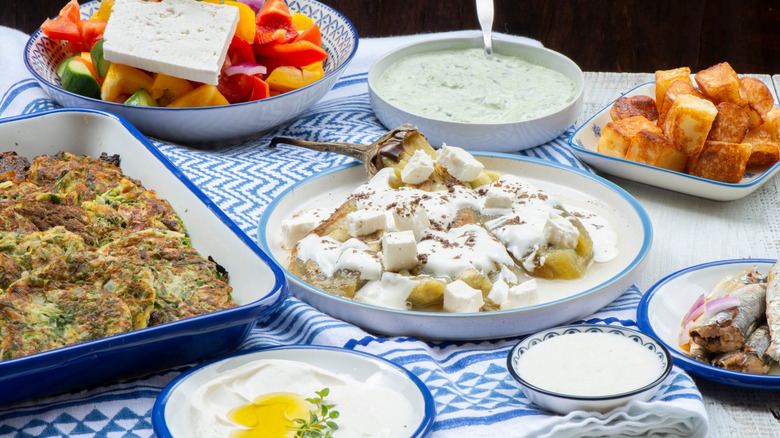 A beautiful mezze spread with various cheeses like feta and labneh