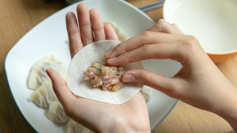 Hand placing filling into dumpling wrapper