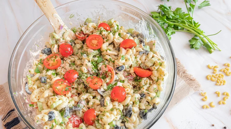 Chicken macaroni salad in bowl