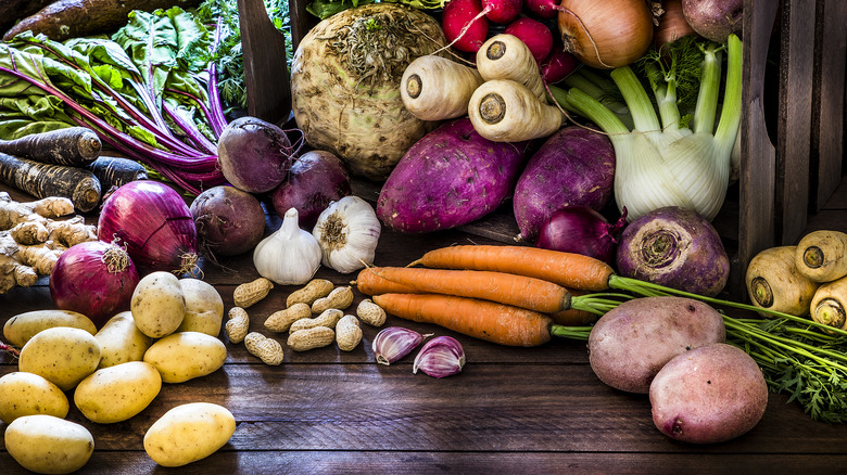 Collection of whole root vegetables