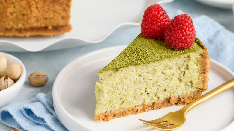 Matcha raspberry cheesecake slice