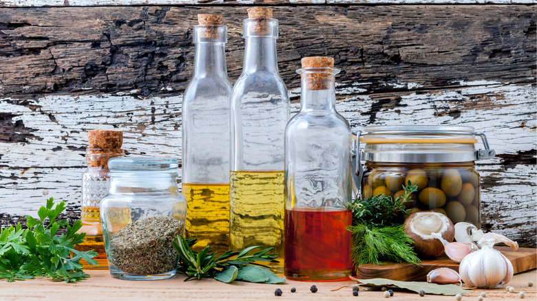 herbs spices and bottled oils