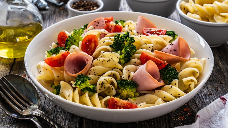 bowl of pasta salad on table