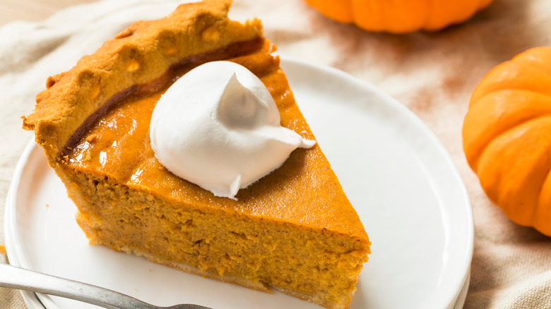 Pumpkin pie slice on white plate